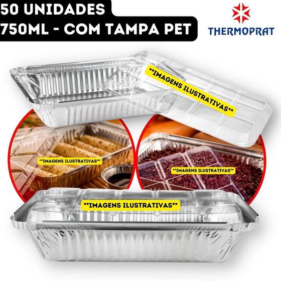 Imagem de Bandeja Marmita Marmitex Alumínio Retangular Descartável com Tampa PET Thermoprat - 750ml - 50 unidades