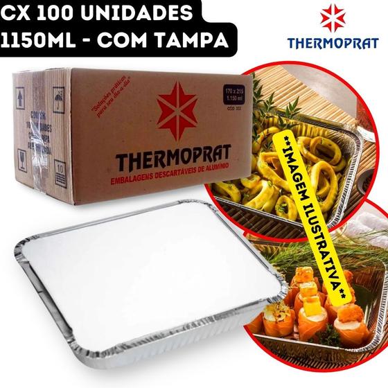 Imagem de Bandeja Marmita Marmitex Alumínio Retangular Descartável com Tampa Thermoprat - 1150ml - CX 100 unidades