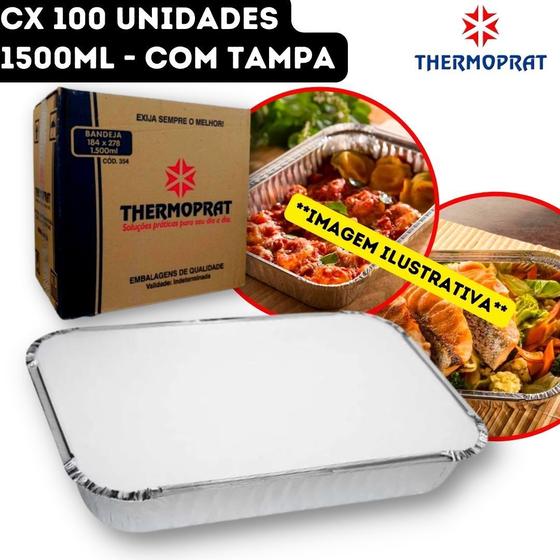 Imagem de Bandeja Marmita Marmitex Alumínio Retangular Descartável com Tampa Thermoprat - 1500ml - CX 100 Unidades