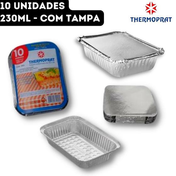Bandeja Marmitinha Alumínio Retangular Descartável com Tampa Thermoprat - 230ml - 10 unidades Imagem de Bandeja Marmitinha Alumínio Retangular Descartável com Tampa Thermoprat - 230ml - 10 unidades