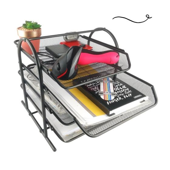 Imagem de Bandeja Organizadora de Mesa de Escritório Grande com Quatro Prateleiras para Papel e Documentos A4 Sulfite Preto