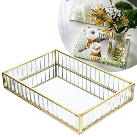 Imagem de Bandeja Organizadora Retangular De Vidro Para Escritório Banheiro Joias Luxo Decorativa Espelhada Dourada Aparador Maquiagem Colocar Perfume 24x18cm