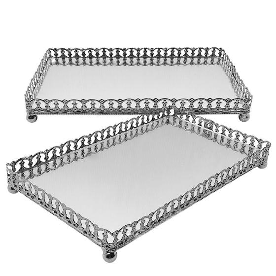 Imagem de Bandeja Travessa De Metal Prateado Espelhado Decorativo Com Pé 24cm