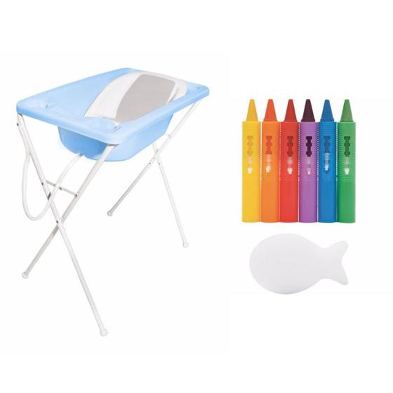 Imagem de Banheira para Bebê Plástica Acqua Trio Galzerano Azul Pastel + Risque e Apague Com Esponja Buba