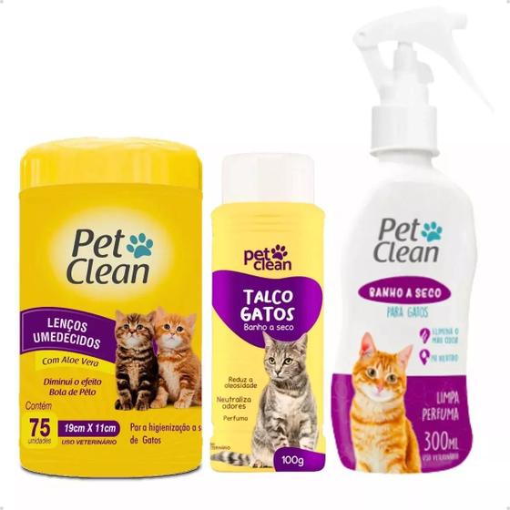 Imagem de Banho A Seco Pet Clean + Lenço Umedecido + Talco Para Gatos