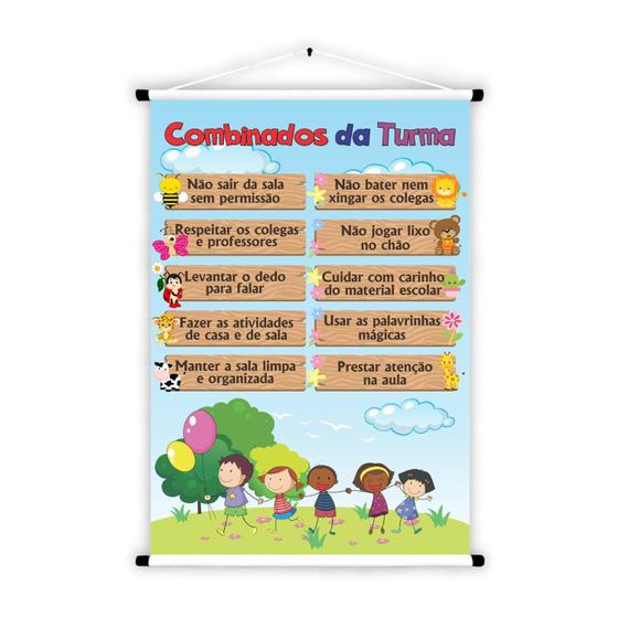 Imagem de Banner De Lona Educativo Combinados da Turma Crianças Felizes - 85x60cm