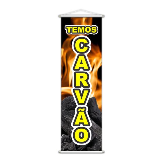 Imagem de Banner Temos Carvão Fogo Serviço Lona Cinza 100X30Cm