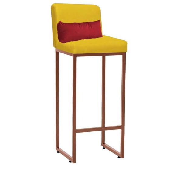 Imagem de Banqueta Alta com Encosto Lucca Industrial Cozinha Balcão Ferro Bronze Suede Amarelo e Almofada Vermelho - Ahazzo Móveis