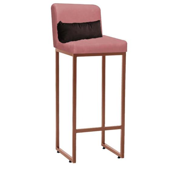 Imagem de Banqueta Alta com Encosto Lucca Industrial Cozinha Balcão Ferro Bronze Suede Rose Gold e Almofada Marrom - Ahazzo Móveis