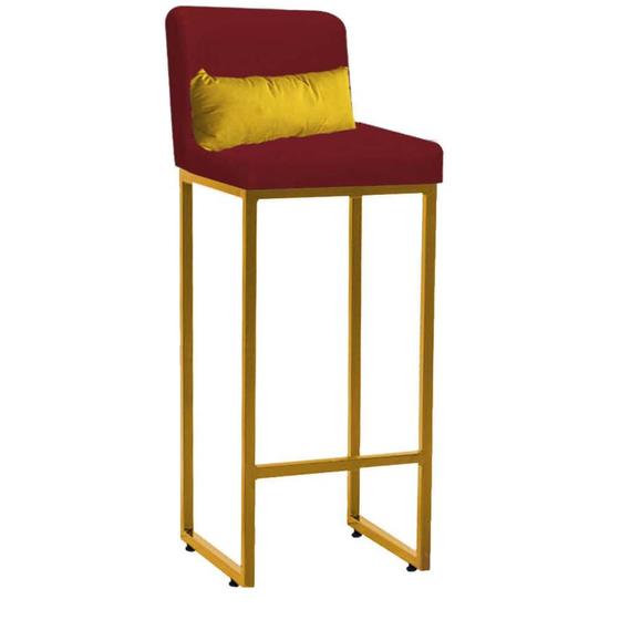 Imagem de Banqueta Alta com Encosto Lucca Industrial Cozinha Balcão Ferro Dourado Sintético Vermelho e Almofada Amarelo - Ahazzo Móveis