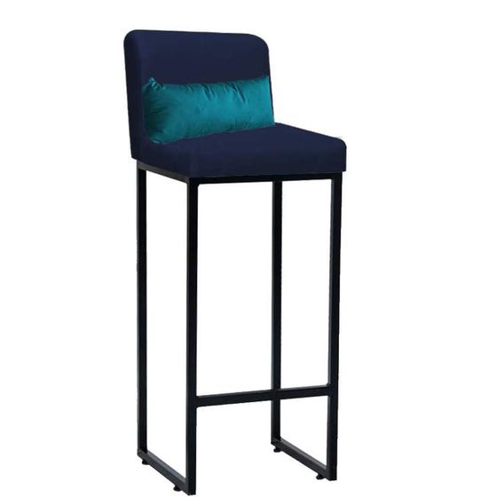 Imagem de Banqueta Alta com Encosto Lucca Industrial Cozinha Balcão Ferro Preto Suede Azul Marinho e Almofada Azul Turquesa- Ahz Móveis