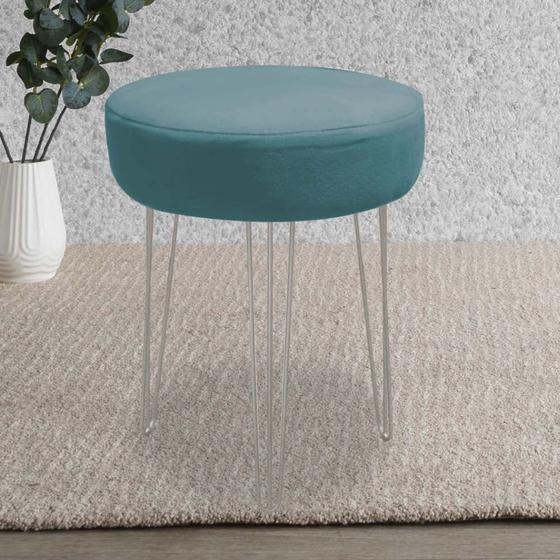 Imagem de Banqueta Alta Julia Industrial 55cm Ferro Cinza Suede Azul Turquesa - Ahz Móveis