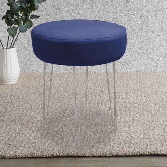 Imagem de Banqueta Alta Julia Industrial 55cm Ferro Prata Suede Azul Marinho - Ahazzo Móveis