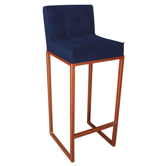 Imagem de Banqueta Alta Linne Com Encosto Cozinha Bar Balcão Bistrô Ferro Bronze Suede Azul Marinho - Ahz Móveis