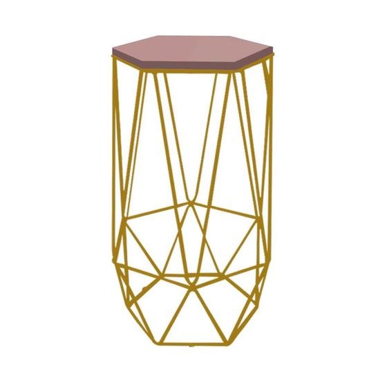 Imagem de Banqueta Alta Liz Hexágono Industrial Para Cozinha Ferro Dourado MDF Rosa - Ahz Móveis