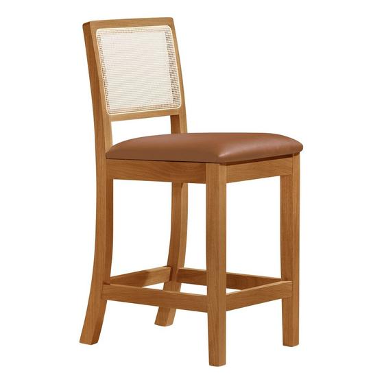 Banqueta Alta Luxo em Tela Sextavada Assento Estofado Couro Pu Caramelo Rubi Madeira Maciça Mel Menor preço em Banqueta Alta Luxo em Tela Sextavada Assento Estofado Couro Pu Caramelo Rubi Madeira Maciça Mel