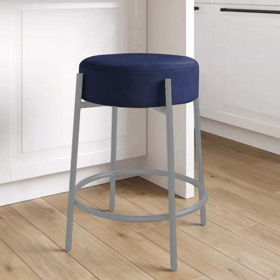 Imagem de Banqueta Alta Sintra 65cm Redonda Ferro Prata Suede Azul Marinho - Ahazzo Móveis