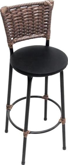 Imagem de Banqueta banco alta campeã de vendas reforçada ferragem preta encosto em Junco assento madeira estofado preto p/ Balcão / Área de churrasco