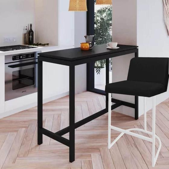 Imagem de Banqueta Com Encosto Noah Luxo Confort Bistrô Cozinha Ferro Branco Suede Preto  - Ahazzo Móveis