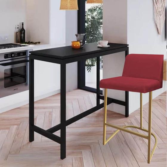 Imagem de Banqueta Com Encosto Noah Luxo Confort Bistrô Cozinha Ferro Dourado Suede Vermelho  - Ahazzo Móveis