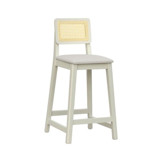 Imagem de Banqueta Gabi 68cm Altura Madeira Maciça Encosto Telinha Assento Estofado Corano Off White/Bege