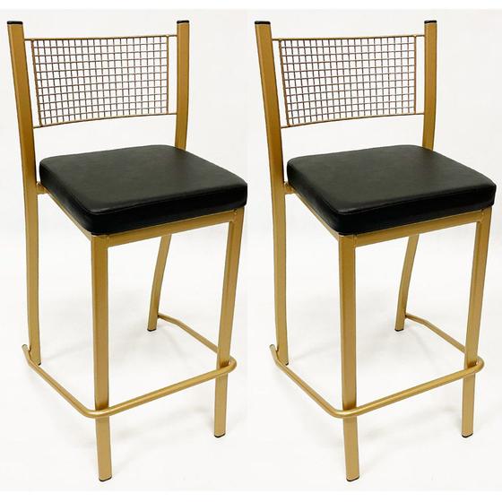 Banqueta Média para Balcão Empilhável Kit 2 unidades cor Dourado Fosco assento preto Altura 65cm Menor preço em Banqueta Média para Balcão Empilhável Kit 2 unidades cor Dourado Fosco assento preto Altura 65cm
