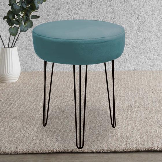 Imagem de Banqueta Puff Jullia Luxo 55cm Industrial Ferro Preto Suede Azul Turquesa - Ahazzo Móveis