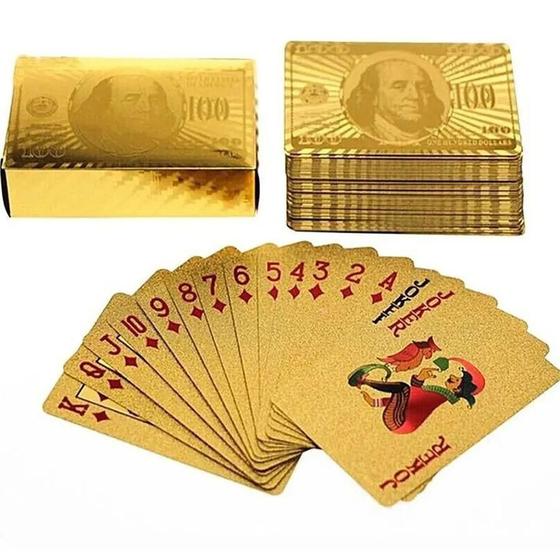 Imagem de Baralho Dourado Ouro 24K Dollar Poker Cartas P'Agua 10Un
