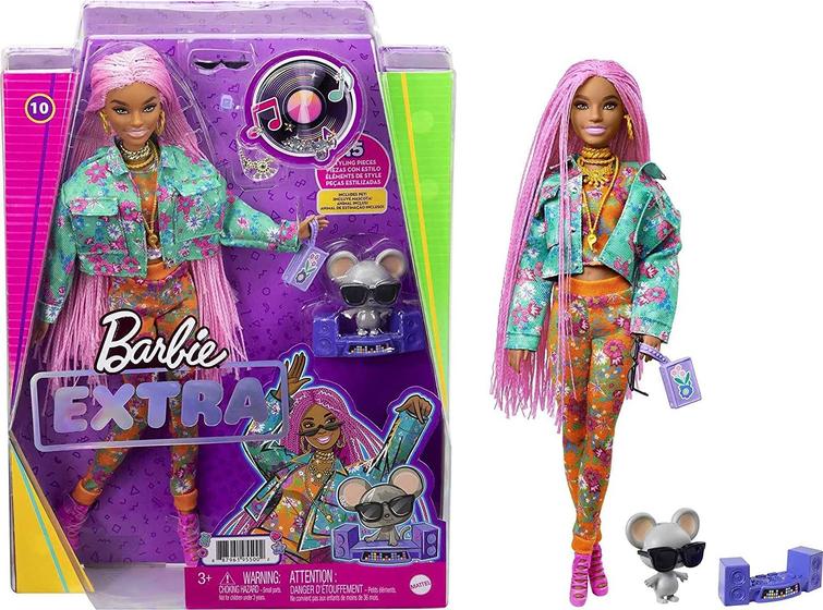 Imagem de Barbie Extra Doll 10 em Floral-Print Jacket &amp Jogger Set com DJ Mouse Pet, Tranças Rosa Extra-Long, Roupas &amp Acessórios Em Camadas, Várias Juntas Flexíveis, Presente para Crianças 3 Anos De Idade &amp Up