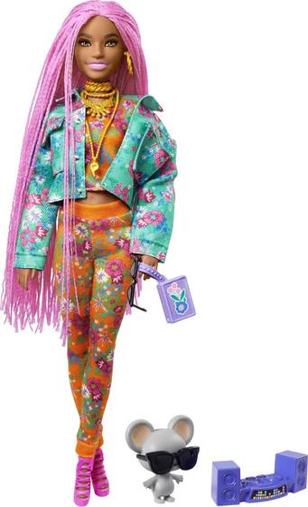 Imagem de Barbie Extra Doll 10 em Floral-Print Jacket &amp Jogger Set com DJ Mouse Pet, Tranças Rosa Extra-Long, Roupas &amp Acessórios Em Camadas, Várias Juntas Flexíveis, Presente para Crianças 3 Anos De Idade &amp Up