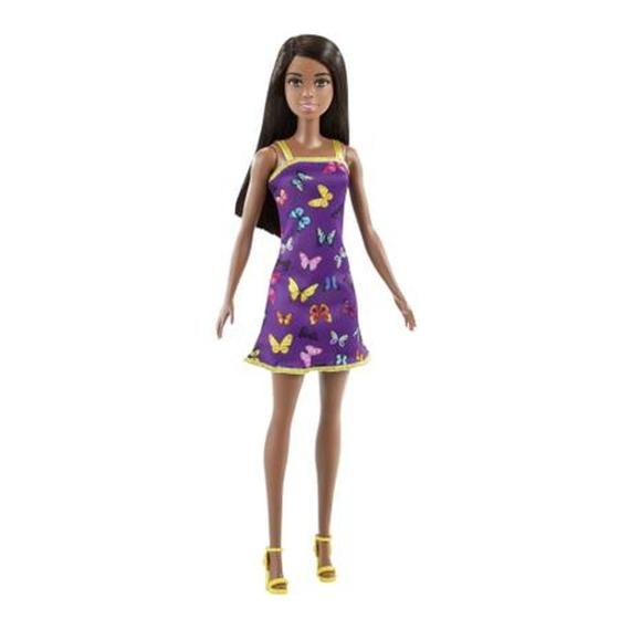 Imagem de Barbie Fashion Básica Negra Vestido Roxo Borboletas - Mattel