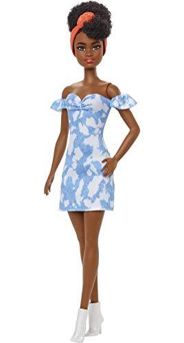 Imagem de Barbie Fashionistas 185, Cabelo Preto, Vestido Denim Decotado Desbotado, Bandana Laranja, Botas Brancas, Brinquedo 3-8 Anos