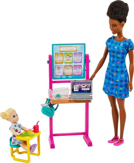 Imagem de Barbie Teacher Doll (Morena), Boneca Infantil (Loira), Flip Board, Laptop, Mochila, Mesa da criança, Tartaruga de estimação, Grande presente para idades de 3 anos e acima