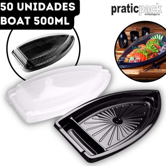 Imagem de Barca Boat com Tampa para Delivery Sushi Combinados Lanches Açaí Praticpack  - 500ml  27x14x4,5cm - 50 Unidades