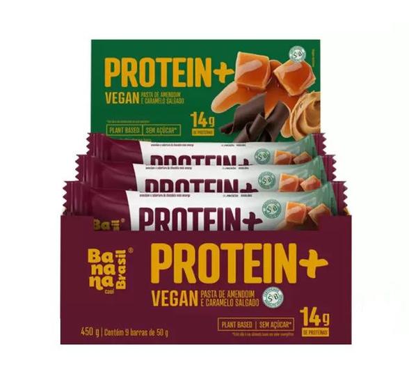 Imagem de Barra 14g Protein+ Zero Açúcar Vegan Banana Brasil Pasta de Amendoim e Caramelo Salgado contendo 9 unidades de 50g cada