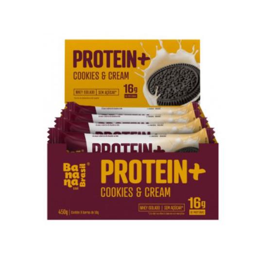 Imagem de Barra 16g Protein+ Zero Açúcar Banana Brasil Cookies'n Cream contendo 9 unidades de 50g cada