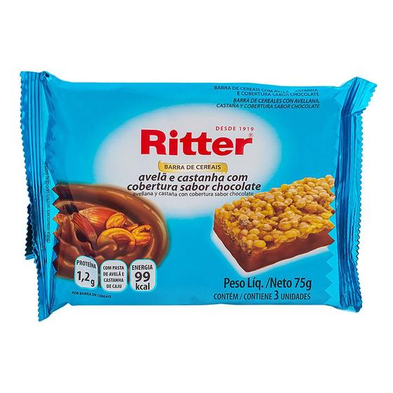 Imagem de Barra de Cereais Ritter Avelã e Castanha com Cobertura Sabor Chocolate com 3 Unidades de 25g cada