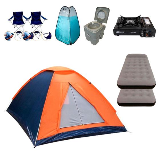 Imagem de Barraca 3P + Kit Acampamento Colchão Banheiro Portátil Cadeira Barraca Trocador Fogareiro