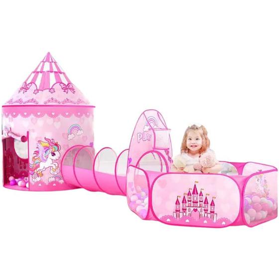 Imagem de Barraca  Unicórnio castelo da princesa Rosa Infantil 3 em 1 com túnel