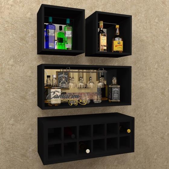 Barzinho Conjunto de Nichos com Fundo Espelhado E Adega p/ 12 Garrafas Bar08 PRETO Menor preço em Barzinho Conjunto de Nichos com Fundo Espelhado E Adega p/ 12 Garrafas Bar08 PRETO