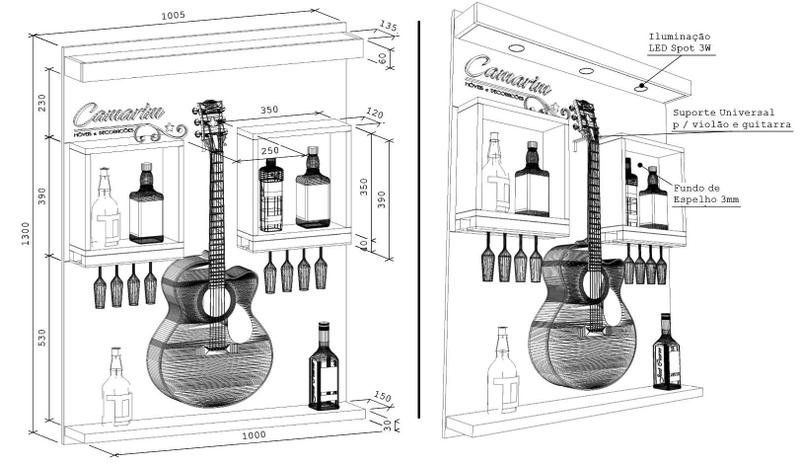 Barzinho De Parede Com Nichos e Fundo Espelhado , porta taça e Suporte para Violão - Bar09 Menor preço em Barzinho De Parede Com Nichos e Fundo Espelhado , porta taça e Suporte para Violão - Bar09