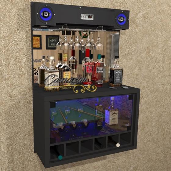 Barzinho " TOP " COM CAIXA DE SOM 5" - 6 adegas, cristaleira, Iluminação LED RGB - Bar23 PRETO Menor preço em Barzinho " TOP " COM CAIXA DE SOM 5" - 6 adegas, cristaleira, Iluminação LED RGB - Bar23 PRETO