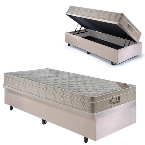 Imagem de Base Box Baú 88x188 Suede Bege com Colchão Airtech Ortobom Molas Ensacadas