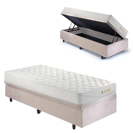 Imagem de Base Box Baú 88x188 Suede Bege com Colchão Ecoline D33