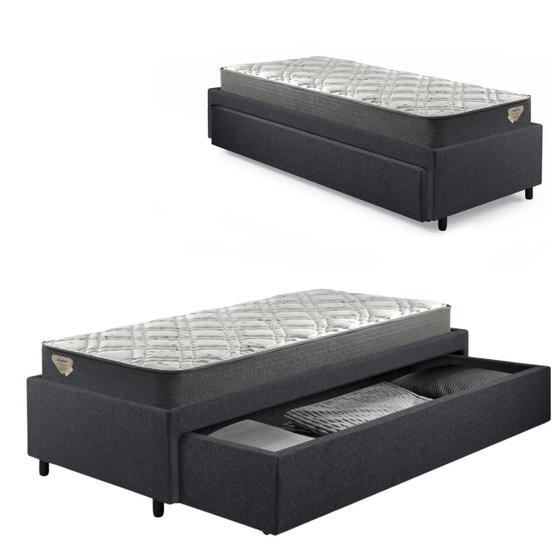 Imagem de Base Box Cama Solteirão Sapateira Linho Cinza e Colchão Adapto Ecoflex 96x203