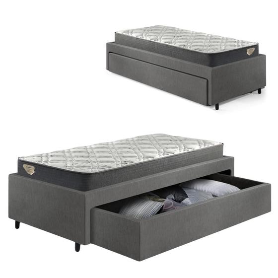 Imagem de Base Box Cama Solteirão Sapateira material sintético Linho Cinza e Colchão Adapto Ecoflex 96x203