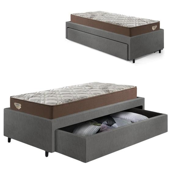 Imagem de Base Box Cama Solteirão Sapateira material sintético Linho Cinza e Colchão Relax Adorabile Ecoflex 96x203