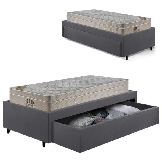 Imagem de Base Box Cama Solteirão Sapateira Suede Cinza e Colchão Airtech Ortobom 96x203