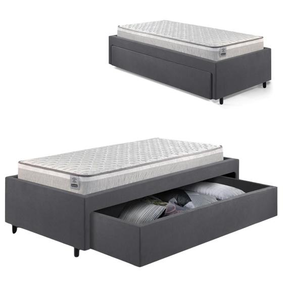 Imagem de Base Box Cama Solteirão Sapateira Suede Cinza e Colchão Hanover Inducol 96x203