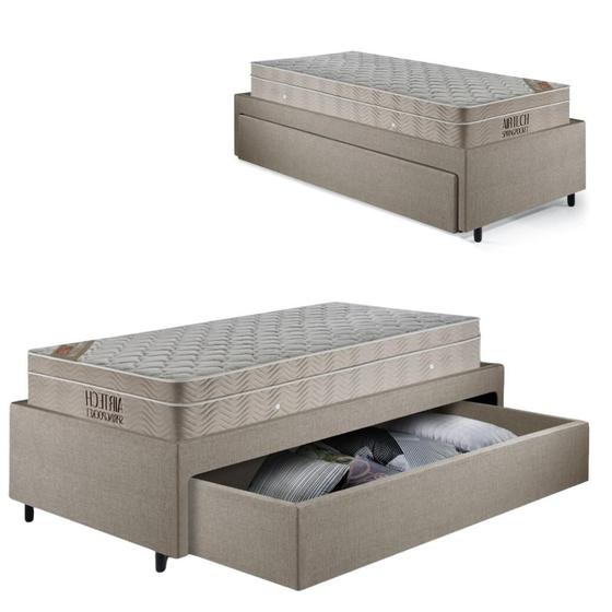 Imagem de Base Box Cama Solteiro Sapateira Linho Bege e Colchão Airtech Ortobom 88x188